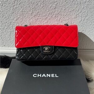 CHANEL Classic Flap Medium Patent Leather Black & Red Authentic Full Set